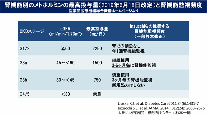 腎機能別のメトホルミンの最高投与量（2019年6月18日改定）と腎機能監視頻度