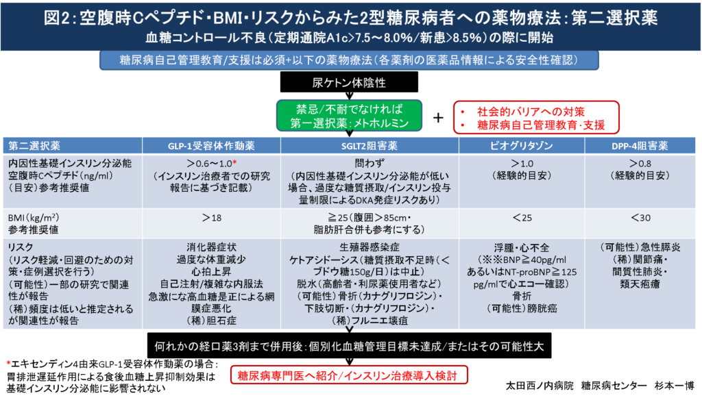 空腹時Cペプチド・BMI・リスクからみた2型糖尿病者への薬物療法:第二選択薬